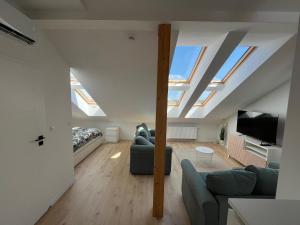 a living room with a couch and a tv and skylight at Apartament Franciszkańska 3 in Tarnów