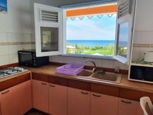 a kitchen with a sink and a window with a view at La Villa Océane in Le Moule