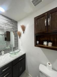 un bagno con lavandino, specchio e WC di Home in Fort Worth a Fort Worth