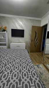 BuzăuにあるRose residenceのベッドと薄型テレビのある寝室