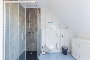 a bathroom with a shower and a toilet at Ferienwohnung Am Walde 35177 in Hesel +33 photos