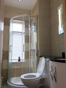 曼彻斯特King TV-Bed En-suite MediaCity, MUFC, Salford的浴室设有卫生间和带玻璃淋浴的淋浴间。