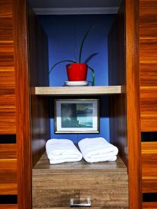 a cabinet with two towels and a red pot on top at cabañas el rancho in Puerto Natales