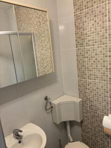 a bathroom with a toilet and a sink and a mirror at Studio apartman ANTE in Osijek +5 photos