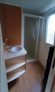 a bathroom with a white sink and a shower at Mobil home 2ch 5pers Tout Confort 25min PuyduFOU 710EM in La Boissière-de-Montaigu