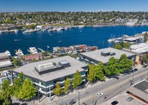 an aerial view of a city with a marina at Vintage 3 Bedroom Home in Prime Eastlake Seattle with Private Parking in Seattle