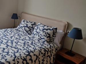 1 cama con manta azul y blanca y 2 almohadas en Apartamento Figueras, en figueras