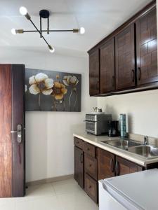 a kitchen with a sink and a microwave at Suite Zen in Chihuahua