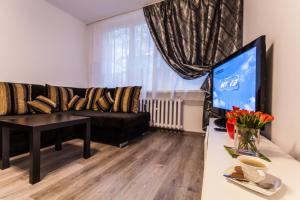 a living room with a couch and a table with a tv at Apartamenty Spodek in Katowice