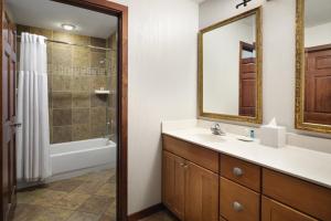 a bathroom with a sink and a shower and a mirror at Club Wyndham Glacier Canyon in Lake Delton +23 photos