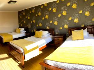 ein Hotelzimmer mit zwei Betten mit gelber Bettwäsche in der Unterkunft Hotel Pitrufquen in Pitrufquén