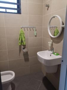 a bathroom with a sink and a mirror and a toilet at Tranquil lake view retreat 思湖茶屋 in Ipoh