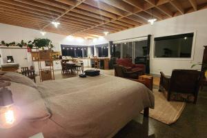 a bedroom with a large bed and a living room at The Shedio On Saddleback in Kiama