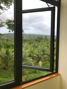 een raam met uitzicht op een veld met palmbomen bij Hoàng Đô Hotel in Phu Quoc