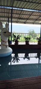 Ban Nong Mai Kaenにあるไร่เจาทองรีสอร์ทの建物内のテーブルに座っているウサギの像