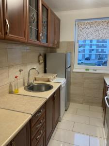a kitchen with a sink and a refrigerator at Apartman Miškec in Kupres