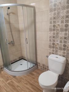 a bathroom with a shower and a white toilet at Casa Gheorghe in Balabancea +58 photos