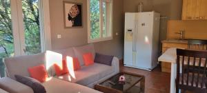 ein Wohnzimmer mit Couch und Kühlschrank in der Unterkunft Mazet in Rognes