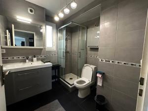 a bathroom with a toilet and a sink and a mirror at Appartement Confort à Louvres proche CDG in Louvres