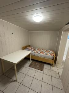 a small room with a bed and a table at Täles Monteur Quartier in Deggingen +3 photos