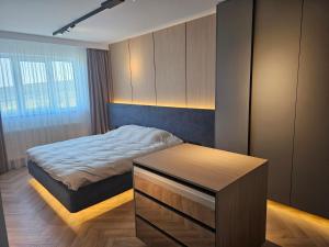 a bedroom with a bed and a table in it at Apartament Concept 4 You in Târgu-Mureş