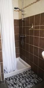 a bathroom with a shower with a white shower curtain at L'Empire D'Essences Appartement in Valréas +52 photos