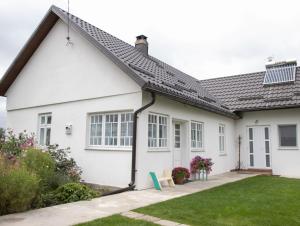 a white house with a pitched roof at Casuta bunicilor in Volovăţ