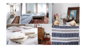a collage of three pictures of a bedroom at Casuta bunicilor in Volovăţ