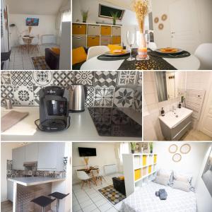 a collage of photos of a kitchen and a living room at L'Evasion - coeur de ville - WIFI - Gare in Les Mureaux +17 photos
