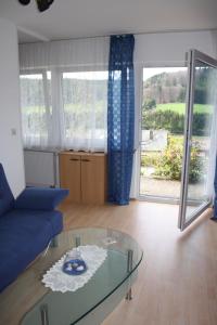 a living room with a blue couch and a glass table at FeWo Schwäbische Alb in Burladingen