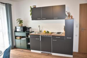 a kitchen with gray cabinets and a sink at Apartment Auszeit in Reith bei Seefeld