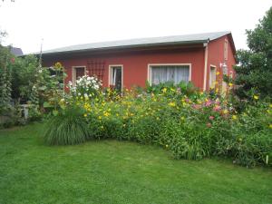 a house with a bunch of flowers in the yard at Ferienhaus in der Altstadt in Barth