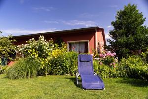 a purple chair sitting in the grass in front of a house at Ferienhaus in der Altstadt in Barth +1 photo