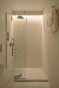 a bathroom with a glass shower with a toilet at Hotel Hello Plovdiv - Free Parking and Pet Friendly in Plovdiv +50 photos