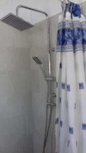 a shower with a shower curtain in a bathroom at Studio Villa Emeli, close to beaches and downtown in Porto Heli