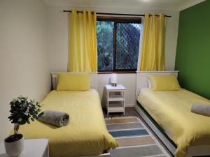 two beds in a room with yellow curtains and a window at Three Palms in Kooralbyn