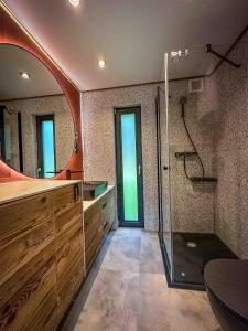 a bathroom with a shower and a mirror at "Rózin Pstrągarnia" domki całoroczne Jura Krakowsko-Częstochowska in Krzeszowice +96 photos