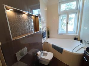 een badkamer met een wastafel en een toilet en een raam bij Residence Oasis in Győr +26 foto's