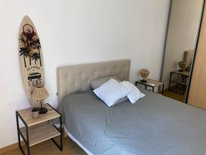 米洛Chambre dans villa cosy avec terrasse的卧室里有一张床，床上放着两个枕头和一块冲浪板。
