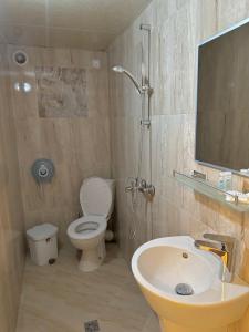 a bathroom with a toilet and a sink and a shower at Guest Rooms Lina in Kirkovo