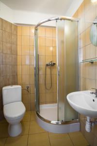 La salle de bains est pourvue d'une douche, de toilettes et d'un lavabo. dans l'établissement OW Posejdon blisko morza i nad zatoką, à Jastarnia