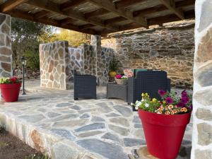 a patio with chairs and flowers on a stone wall at Bergerie tout confort L'immortelle in Saint-Florent