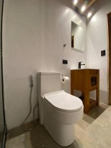 a bathroom with a white toilet and a wooden table at Tiny house sobre el lago nahuel huapi in San Carlos de Bariloche +30 photos