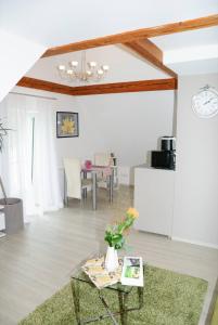 a living room with a table and a kitchen at Ferienwohnungen Steiert in Freiburg im Breisgau