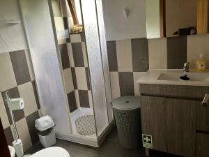 a bathroom with a shower and a toilet and a sink at Quinta da Meda in Coimbra +36 photos