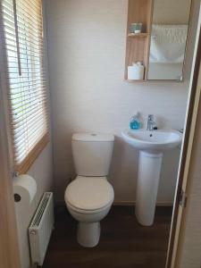 a small bathroom with a toilet and a sink at Isabel's Retreat in Mudeford