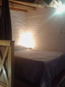 a bedroom with a bed with a light on it at Cabañas Orillas del Chimehuín -Cabaña Chica 4 pax- in Junín de los Andes +15 photos