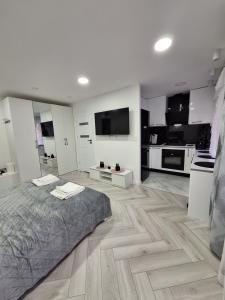 a white room with a bed and a kitchen at Apartament Premium Tarnów in Tarnów