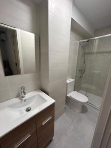 a bathroom with a sink and a shower and a toilet at Apartamentos Yiya in Málaga