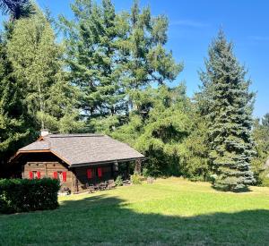 a log cabin in the middle of a field with trees at Cozy Log Cabin near Faaker See in Ledenitzen